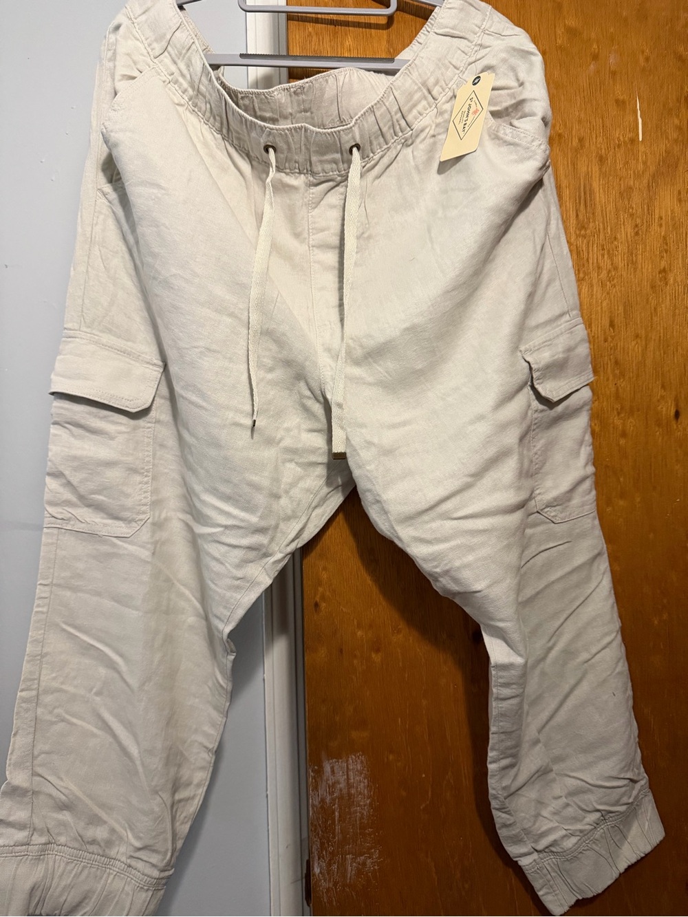 Women's Cream linen Cargo Jogger Pants with Drawstring Waist